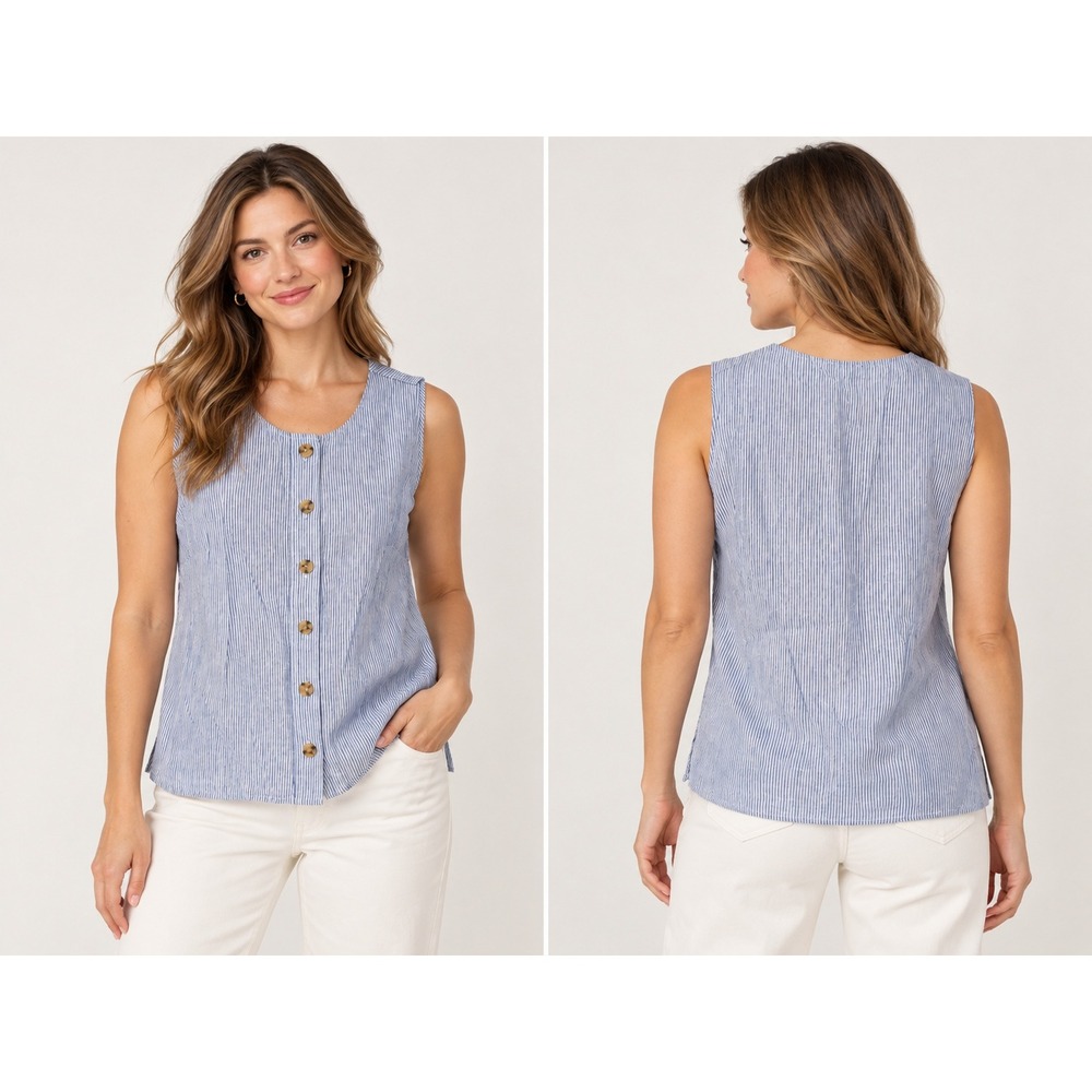 J.Crew Blue White Striped Linen Cotton Sleeveless Button Top Medium NWT